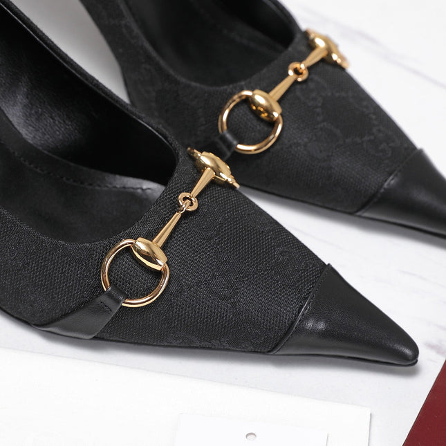 GUCCI 26S HORSEBIT PUMPS 85 MM IN BLACK CANVAS AND CALFSKIN