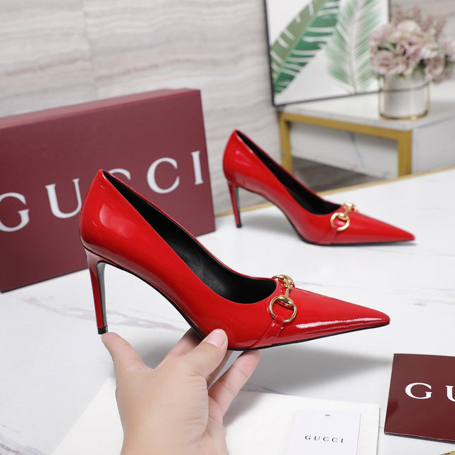 GUCCI 26S HORSEBIT PUMPS 85 MM IN RED PATENT CALFSKIN