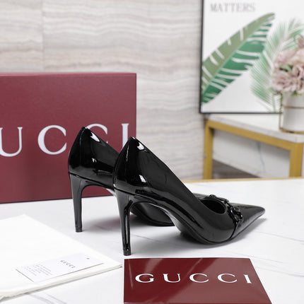 GUCCI 26S HORSEBIT PUMPS 85 MM IN BLACK PATENT CALFSKIN