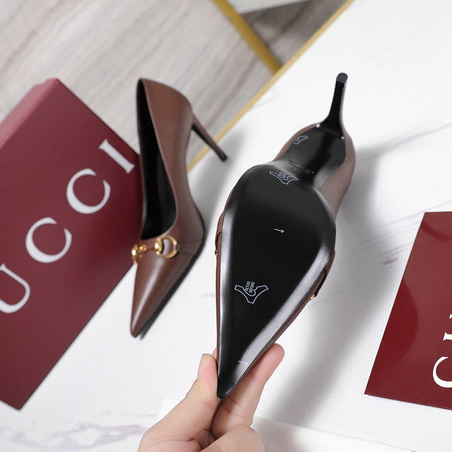 GUCCI 26S HORSEBIT PUMPS 85 MM IN DARK BROWN CALFSKIN