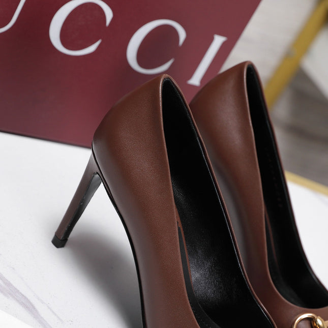 GUCCI 26S HORSEBIT PUMPS 85 MM IN DARK BROWN CALFSKIN