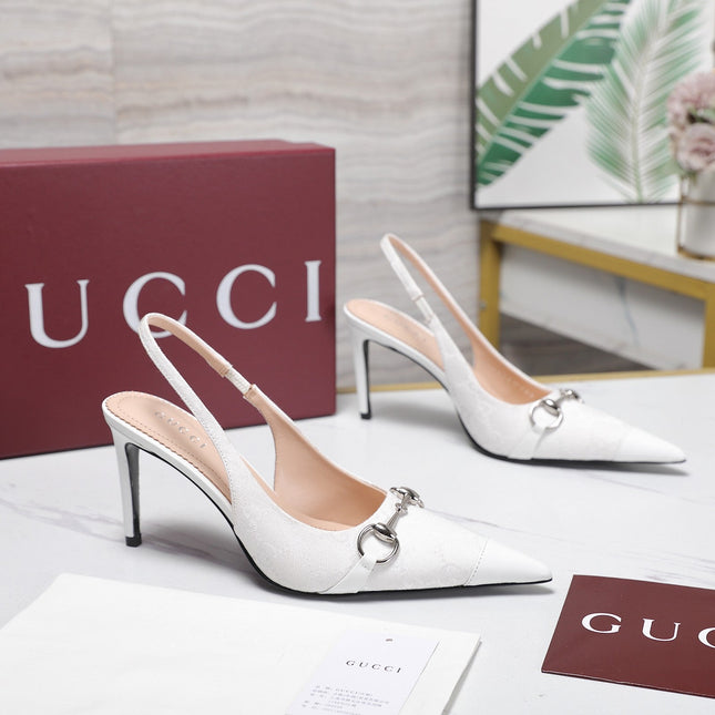 GUCCI 26S SLINGBACK PUMPS 85 MM IN WHITE CANVAS AND CALFSKIN