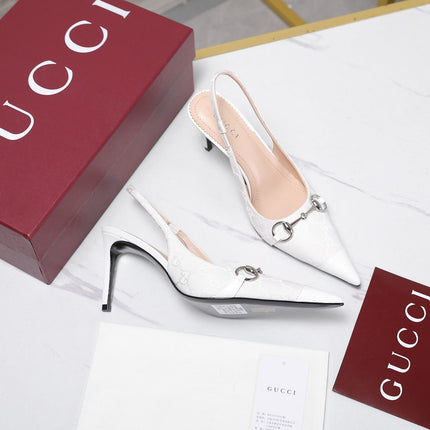 GUCCI 26S SLINGBACK PUMPS 85 MM IN WHITE CANVAS AND CALFSKIN