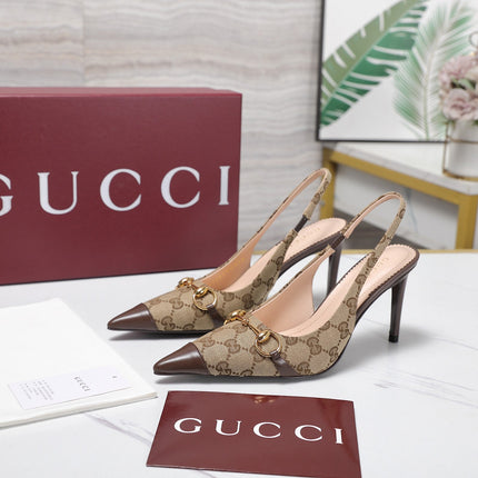 GUCCI 26S SLINGBACK PUMPS 85 MM IN BEIGE CANVAS AND BROWN CALFSKIN