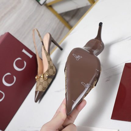 GUCCI 26S SLINGBACK PUMPS 85 MM IN BEIGE CANVAS AND BROWN CALFSKIN