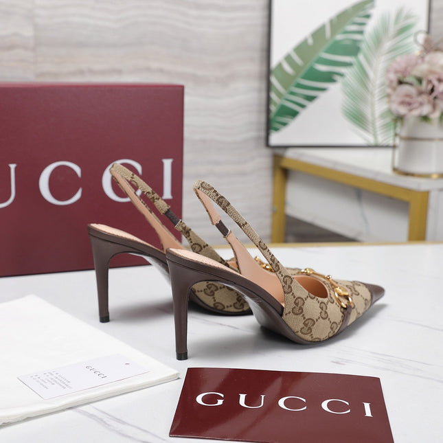 GUCCI 26S SLINGBACK PUMPS 85 MM IN BEIGE CANVAS AND BROWN CALFSKIN