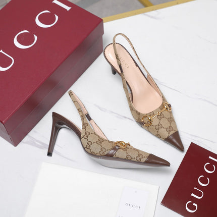 GUCCI 26S SLINGBACK PUMPS 85 MM IN BEIGE CANVAS AND BROWN CALFSKIN