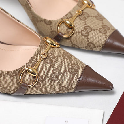GUCCI 26S SLINGBACK PUMPS 85 MM IN BEIGE CANVAS AND BROWN CALFSKIN