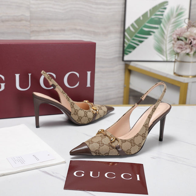 GUCCI 26S SLINGBACK PUMPS 85 MM IN BEIGE CANVAS AND BROWN CALFSKIN