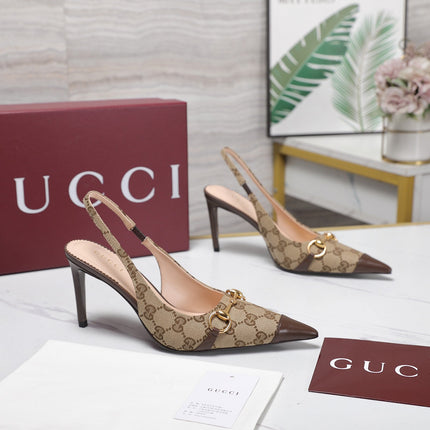 GUCCI 26S SLINGBACK PUMPS 85 MM IN BEIGE CANVAS AND BROWN CALFSKIN