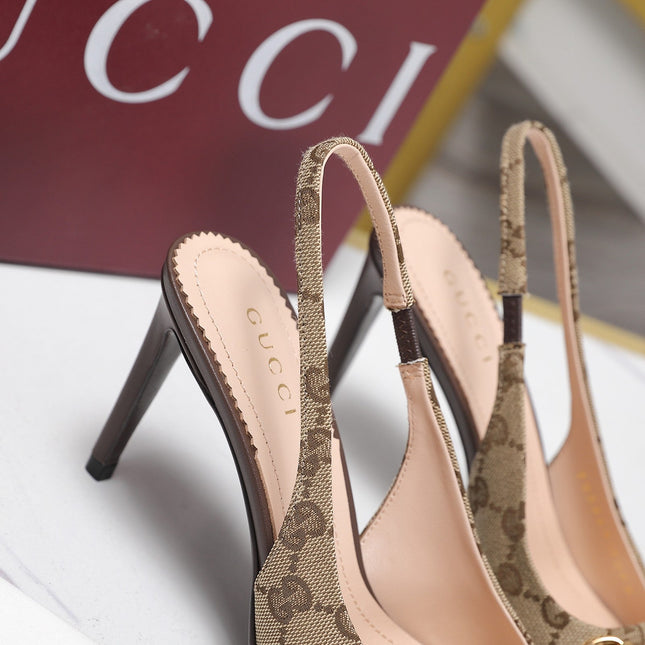 GUCCI 26S SLINGBACK PUMPS 85 MM IN BEIGE CANVAS AND BROWN CALFSKIN