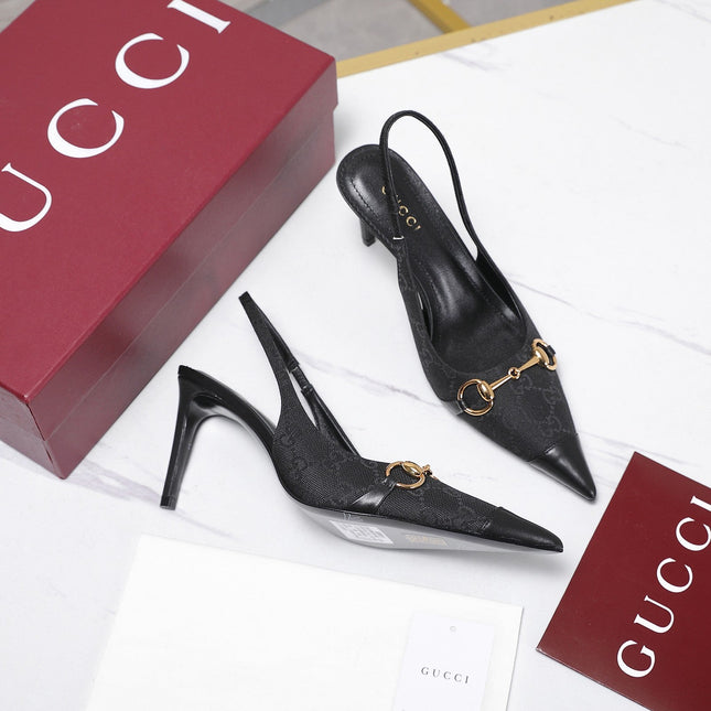 GUCCI 26S SLINGBACK PUMPS 85 MM IN BLACK CANVAS AND CALFSKIN