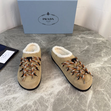 PRADA 26S WOVEN MULES IN DARK BEIGE SUEDE