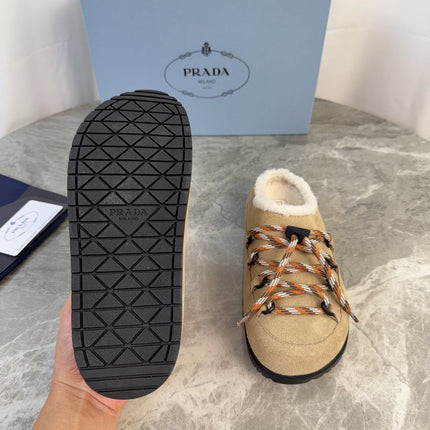 PRADA 26S WOVEN MULES IN DARK BEIGE SUEDE