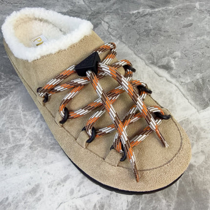 PRADA 26S WOVEN MULES IN DARK BEIGE SUEDE