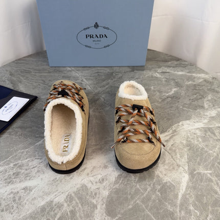 PRADA 26S WOVEN MULES IN DARK BEIGE SUEDE