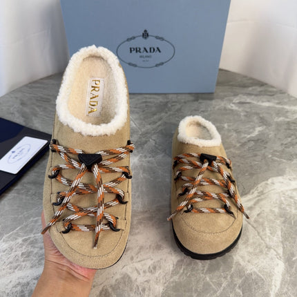PRADA 26S WOVEN MULES IN DARK BEIGE SUEDE