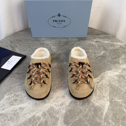 PRADA 26S WOVEN MULES IN DARK BEIGE SUEDE