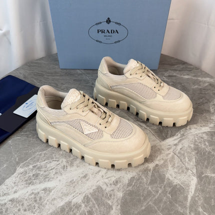 PRADA 26S GEAR SOLE SNEAKERS IN LIGHT BEIGE SUEDE AND MESH