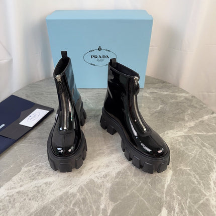PRADA 26S ZIP-UP ANKLE BOOTS IN BLACK PATENT CALFSKIN