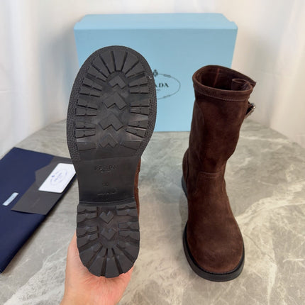 PRADA 26S ANKLE BIKER BOOTS IN DARK BROWN SUEDE