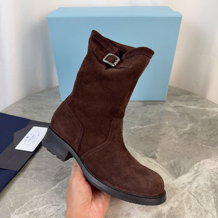 PRADA 26S ANKLE BIKER BOOTS IN DARK BROWN SUEDE