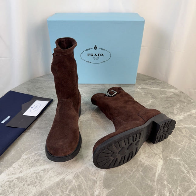 PRADA 26S ANKLE BIKER BOOTS IN DARK BROWN SUEDE
