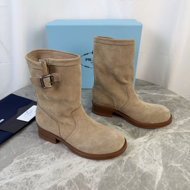 PRADA 26S ANKLE BIKER BOOTS IN BEIGE SUEDE