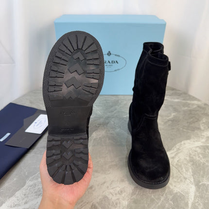 PRADA 26S ANKLE BIKER BOOTS IN BLACK SUEDE