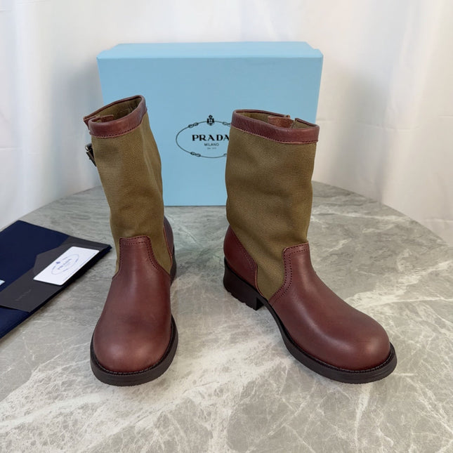 PRADA 26S BOOTS IN KHAKI CANVAS AND REDDISH BROWN CALFSKIN