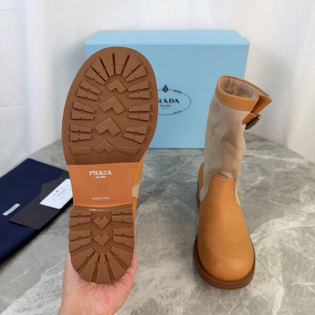 PRADA 26S BOOTS IN BEIGE CANVAS AND CAMEL CALFSKIN
