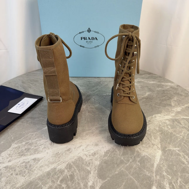 PRADA 26S LACE-UP COMBAT BOOTS IN BROWN CANVAS