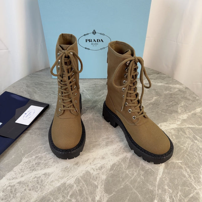 PRADA 26S LACE-UP COMBAT BOOTS IN BROWN CANVAS