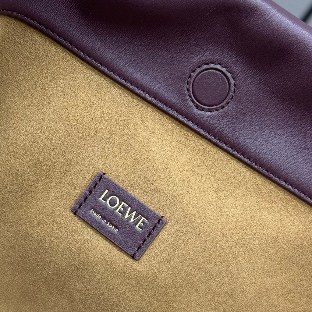 LOE LARGE 41 FLAMENCO PURSE BUCKET IN WINE PURPLE LAMBSKIN GOLD HARDWARE