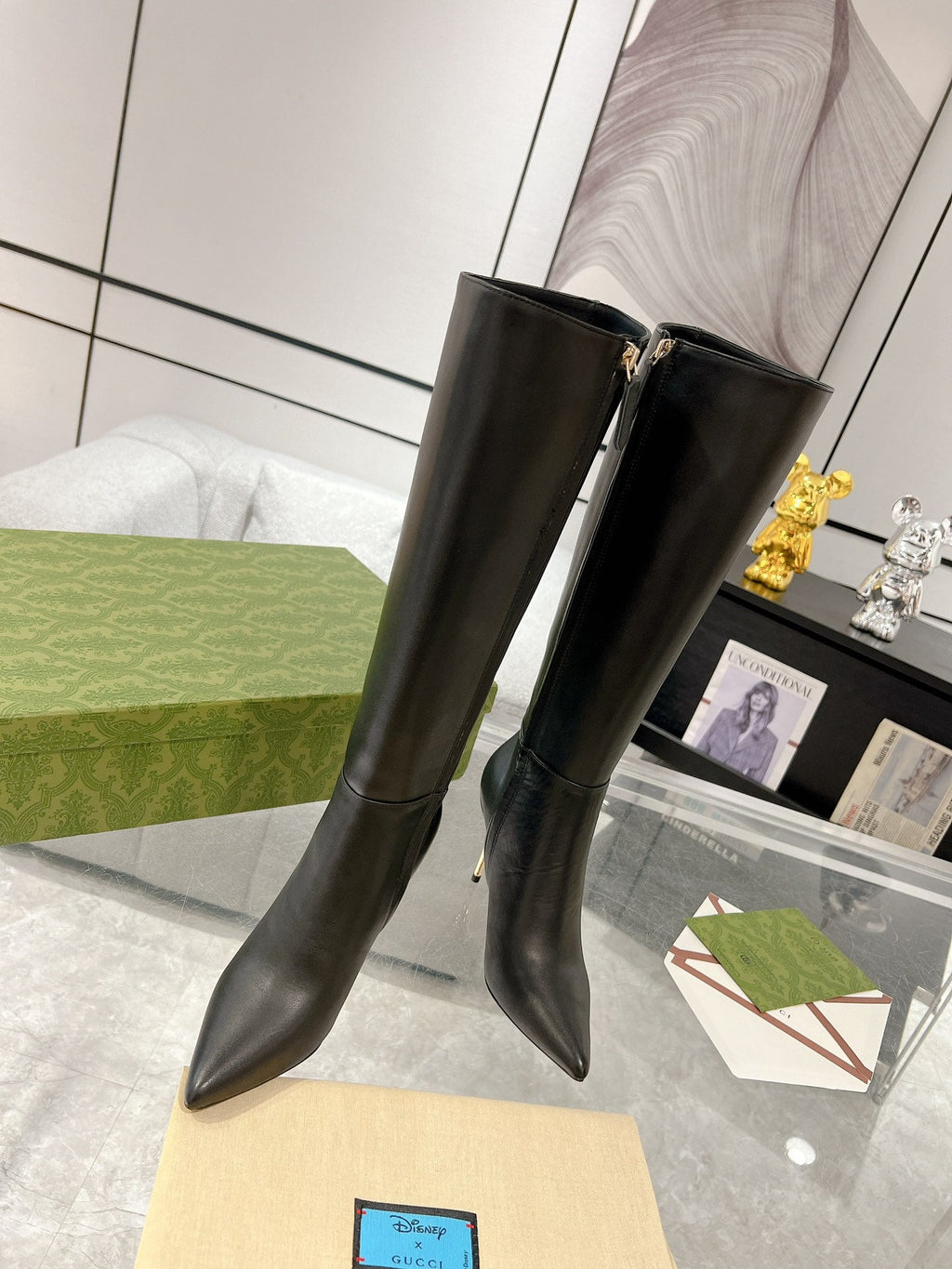 GG KNEE BOOTS IN BLACK CALFSKIN WITH GOLD PLATED HEEL
