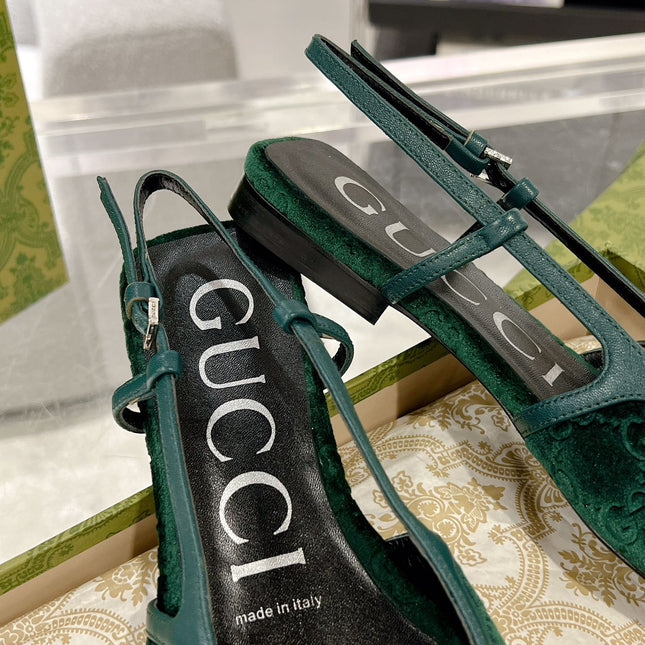 SLINGBACK FLATS IN GREEN FOREST VELVET