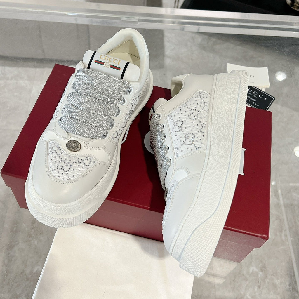 GG SCREENER SNEAKER WITH CRYSTALS IN IVORY BEIGE MIX RHINO GRAY CALFSKIN