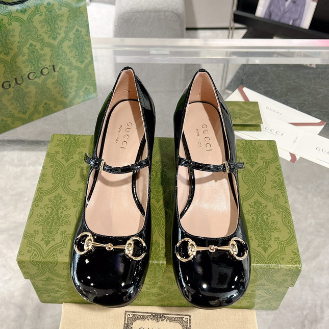 HORSEBIT MARY JANE HEEL IN BLACK CALFSKIN GOLD HARDWARE