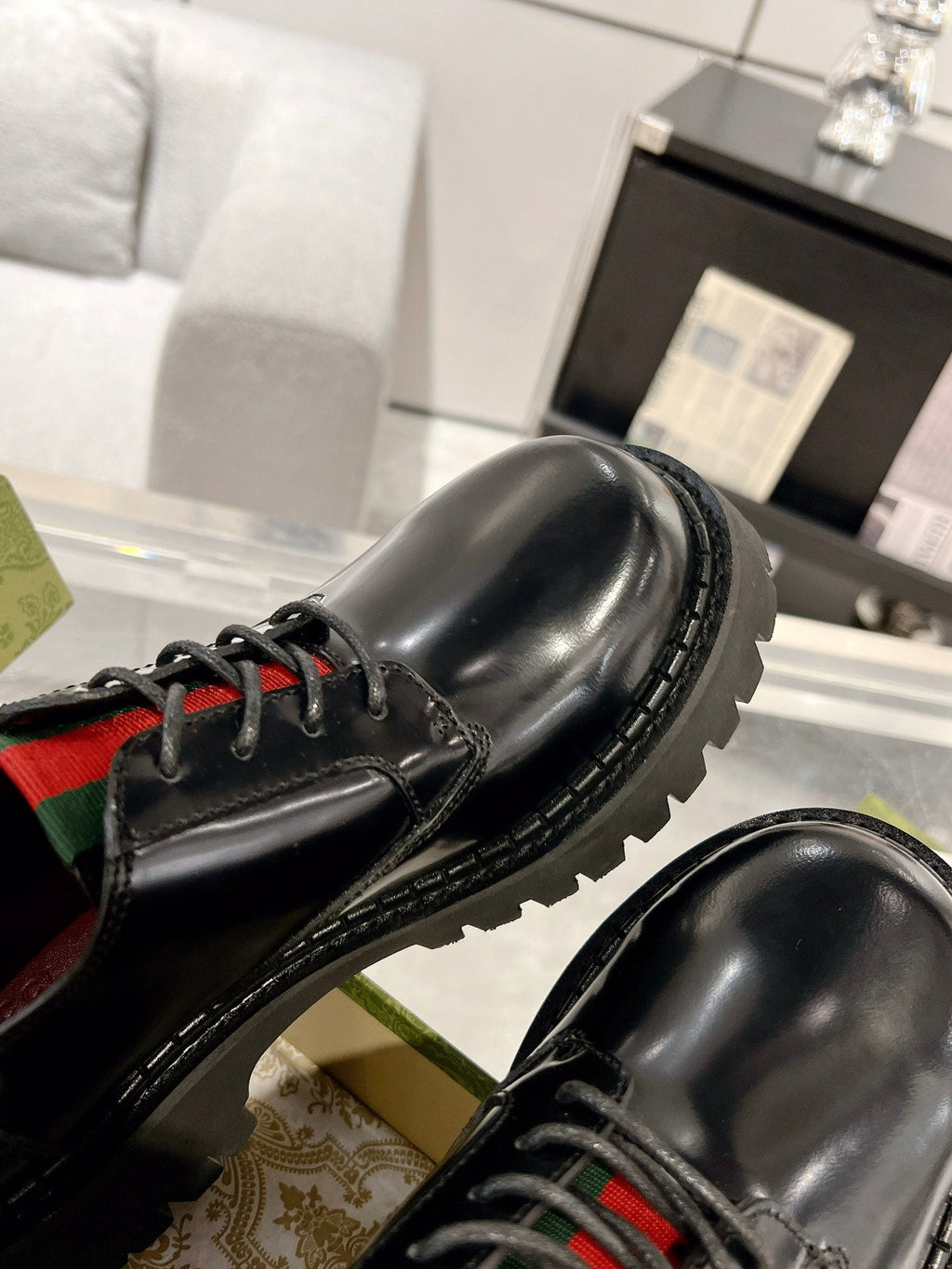 GG LACE-UP LOAFER WITH WEB IN BLACK SHINY LEATHER