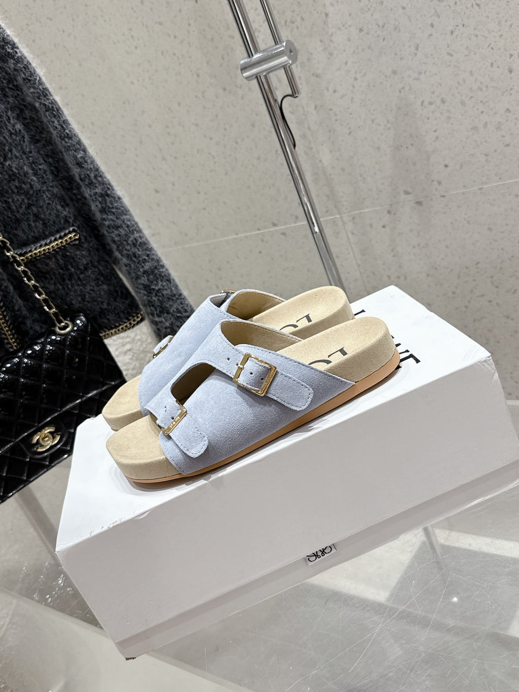 LOEWE 26S EASE SLIDE IN PASTEL BLUE SUEDE