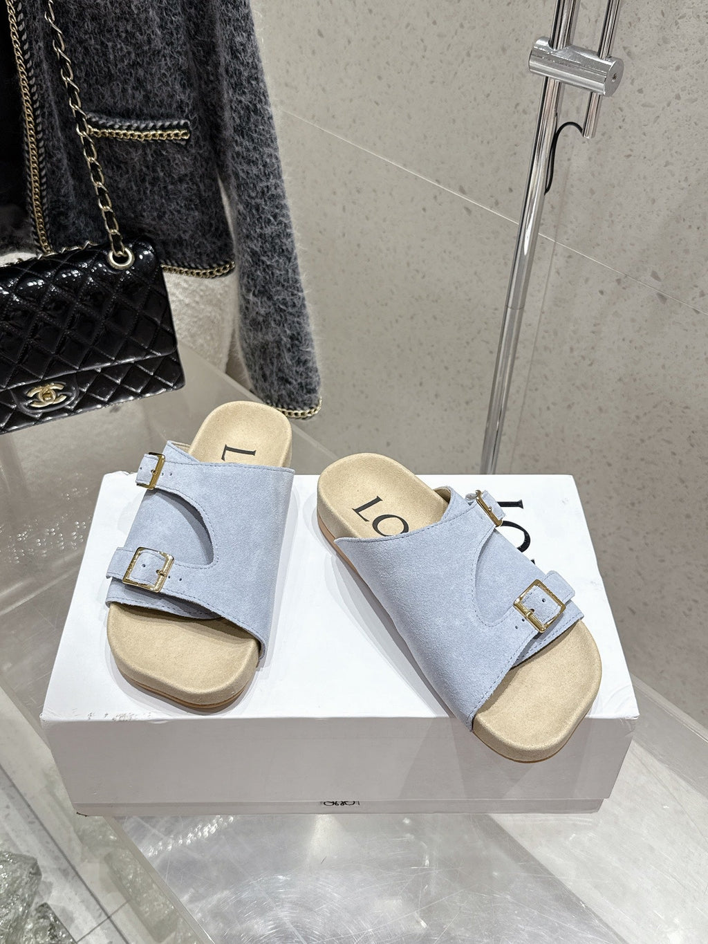LOEWE 26S EASE SLIDE IN PASTEL BLUE SUEDE