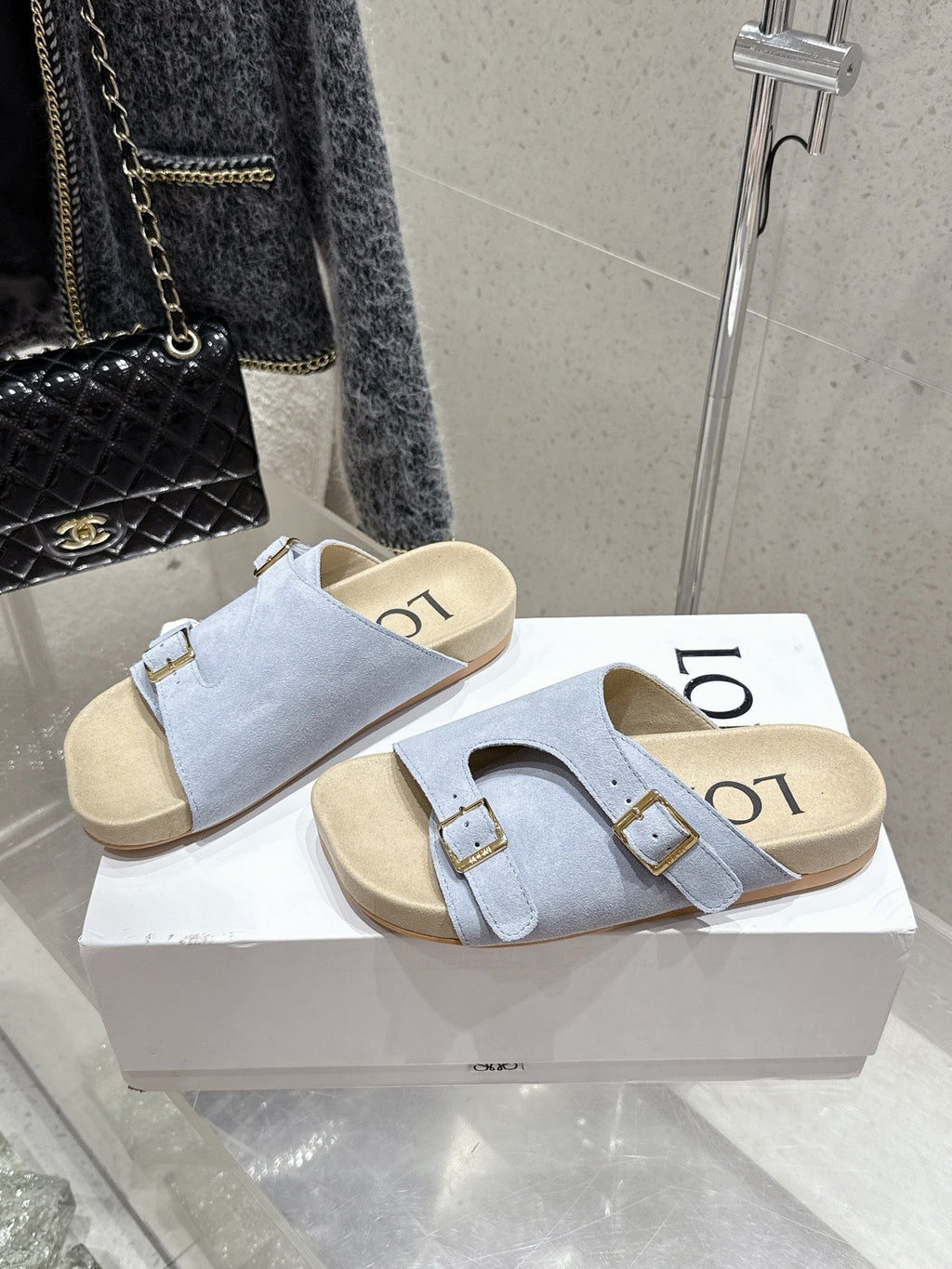 LOEWE 26S EASE SLIDE IN PASTEL BLUE SUEDE