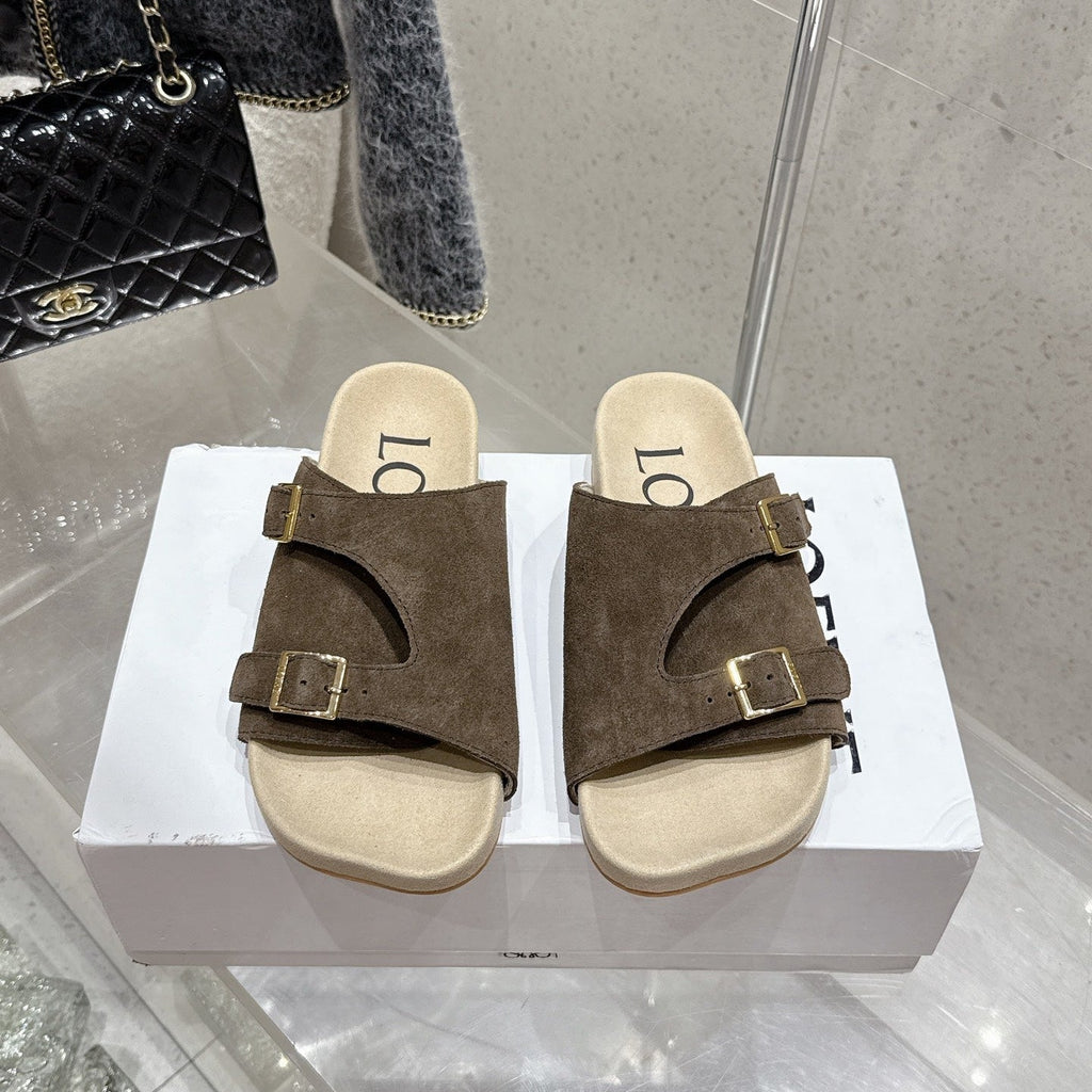 LOEWE 26S EASE SLIDE IN DARK BROWN SUEDE