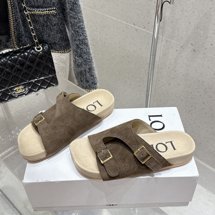 LOEWE 26S EASE SLIDE IN DARK BROWN SUEDE