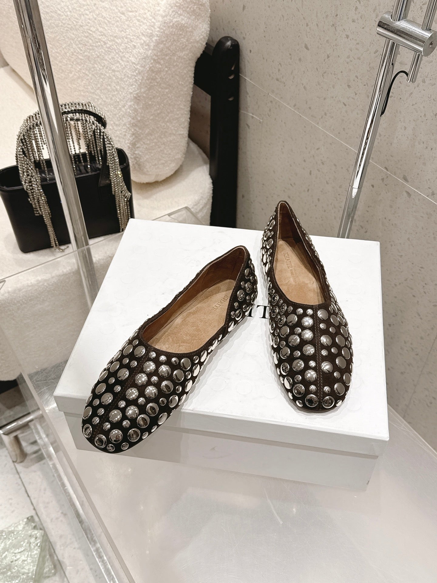 CELINE 26S FLAT SHOES IN DARK BROWN SUEDE WITH METAL STUDS