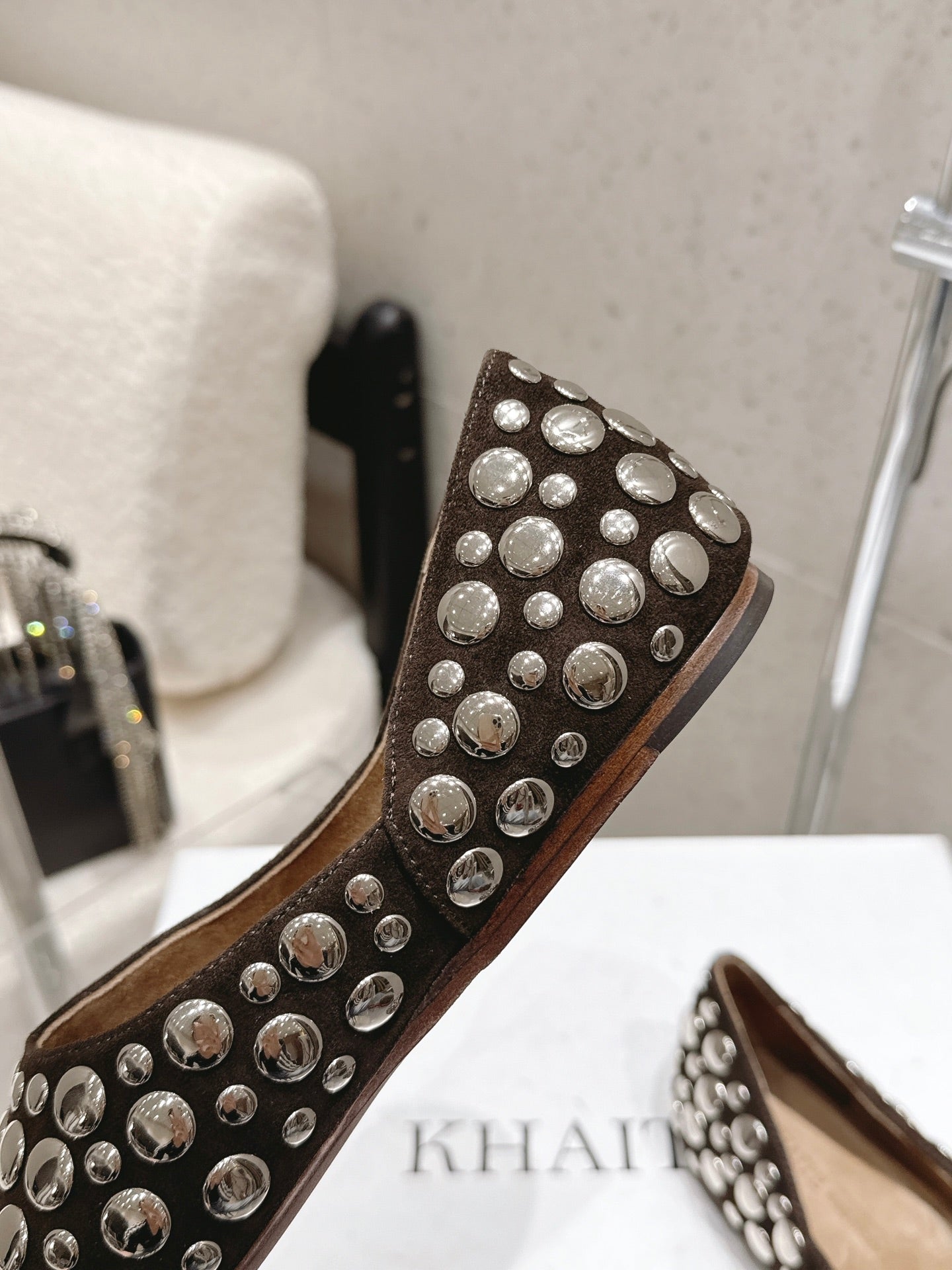 CELINE 26S FLAT SHOES IN DARK BROWN SUEDE WITH METAL STUDS