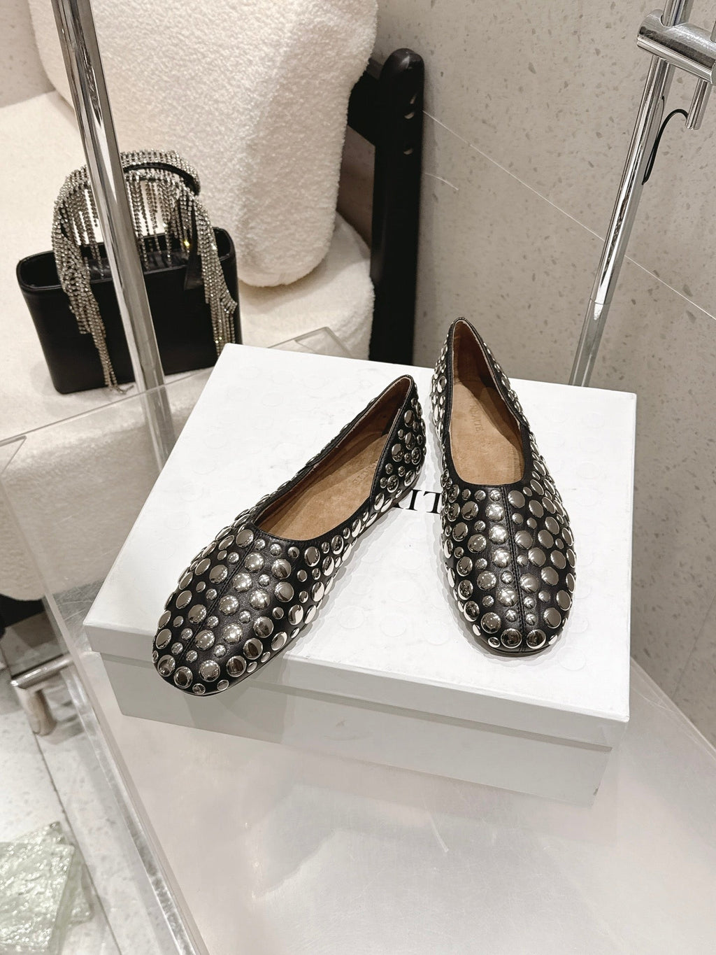 CELINE 26S FLAT SHOES IN BLACK CALFSKIN WITH METAL STUDS