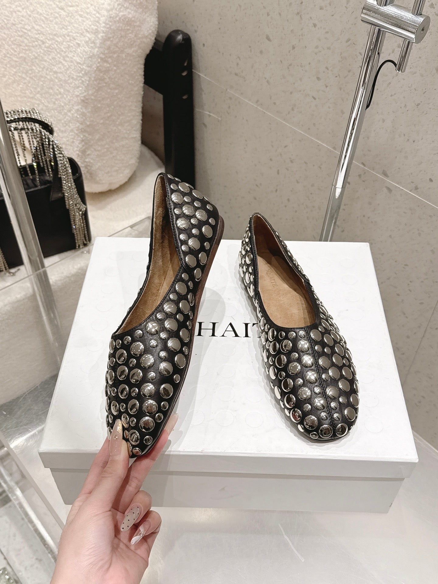 CELINE 26S FLAT SHOES IN BLACK CALFSKIN WITH METAL STUDS