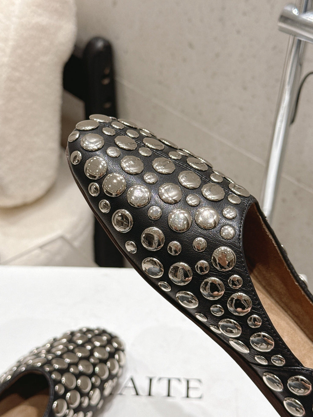 CELINE 26S FLAT SHOES IN BLACK CALFSKIN WITH METAL STUDS