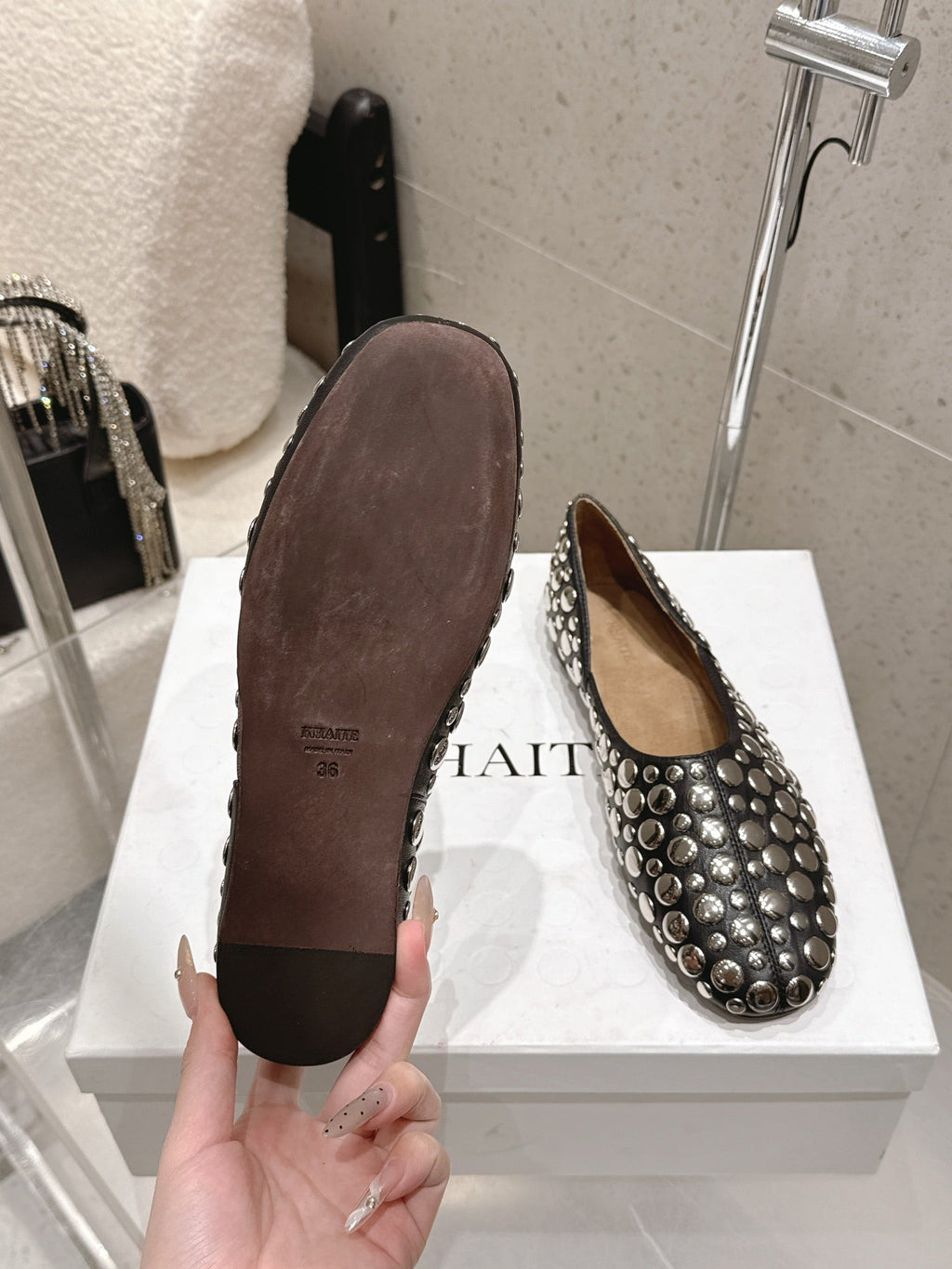 CELINE 26S FLAT SHOES IN BLACK CALFSKIN WITH METAL STUDS